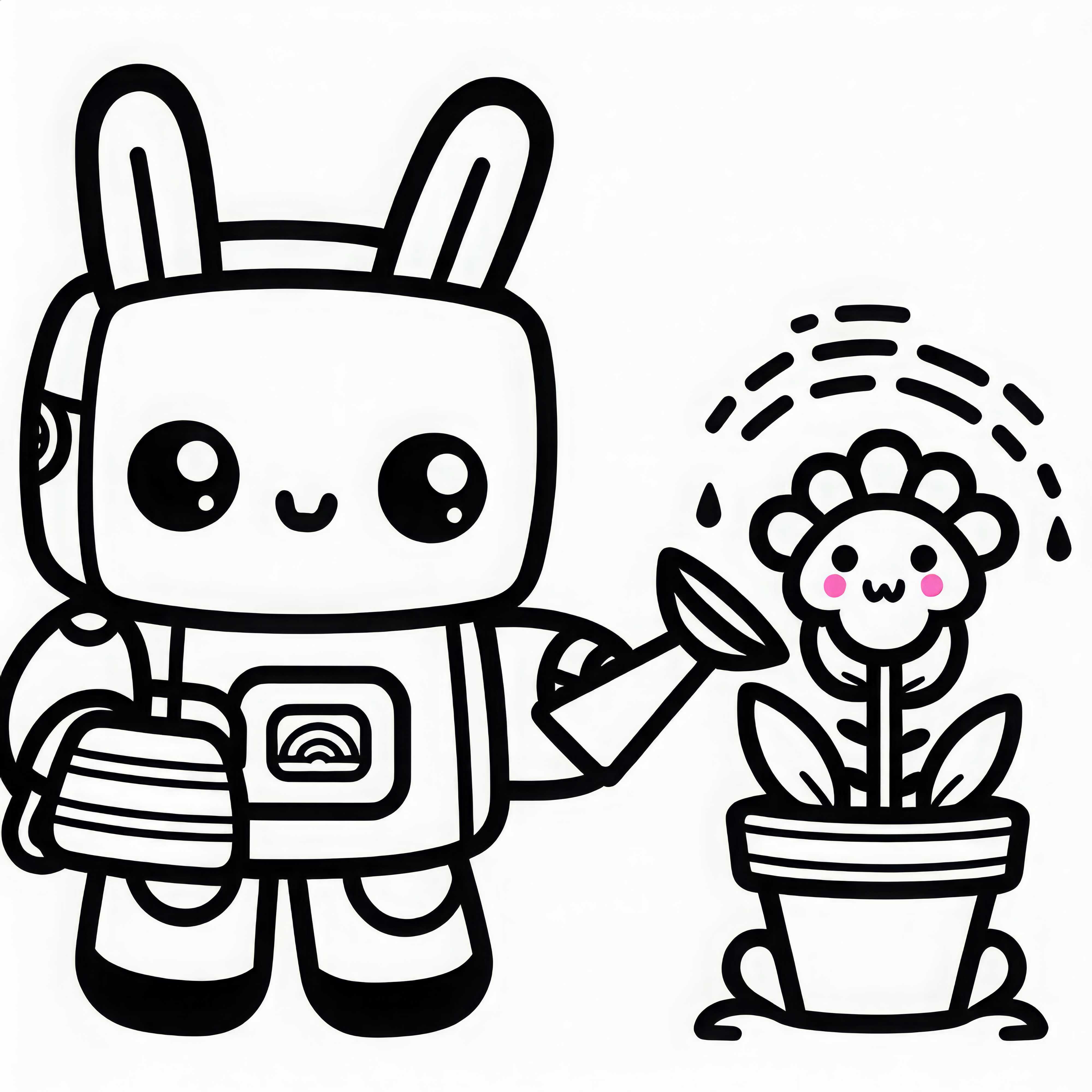 Robot dengan telinga kelinci menyiram bunga - Gambar untuk diwarnai Kawaii gratis