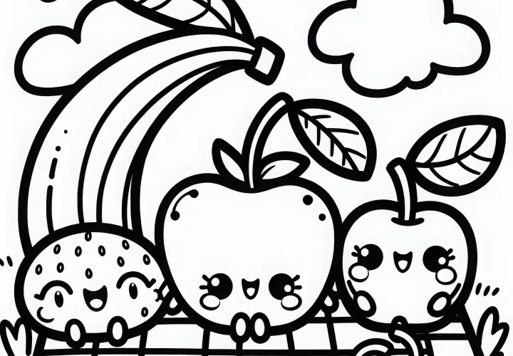 Grup teman buah piknik dengan pisang, apel, dan ceri - Template mewarnai Kawaii gratis