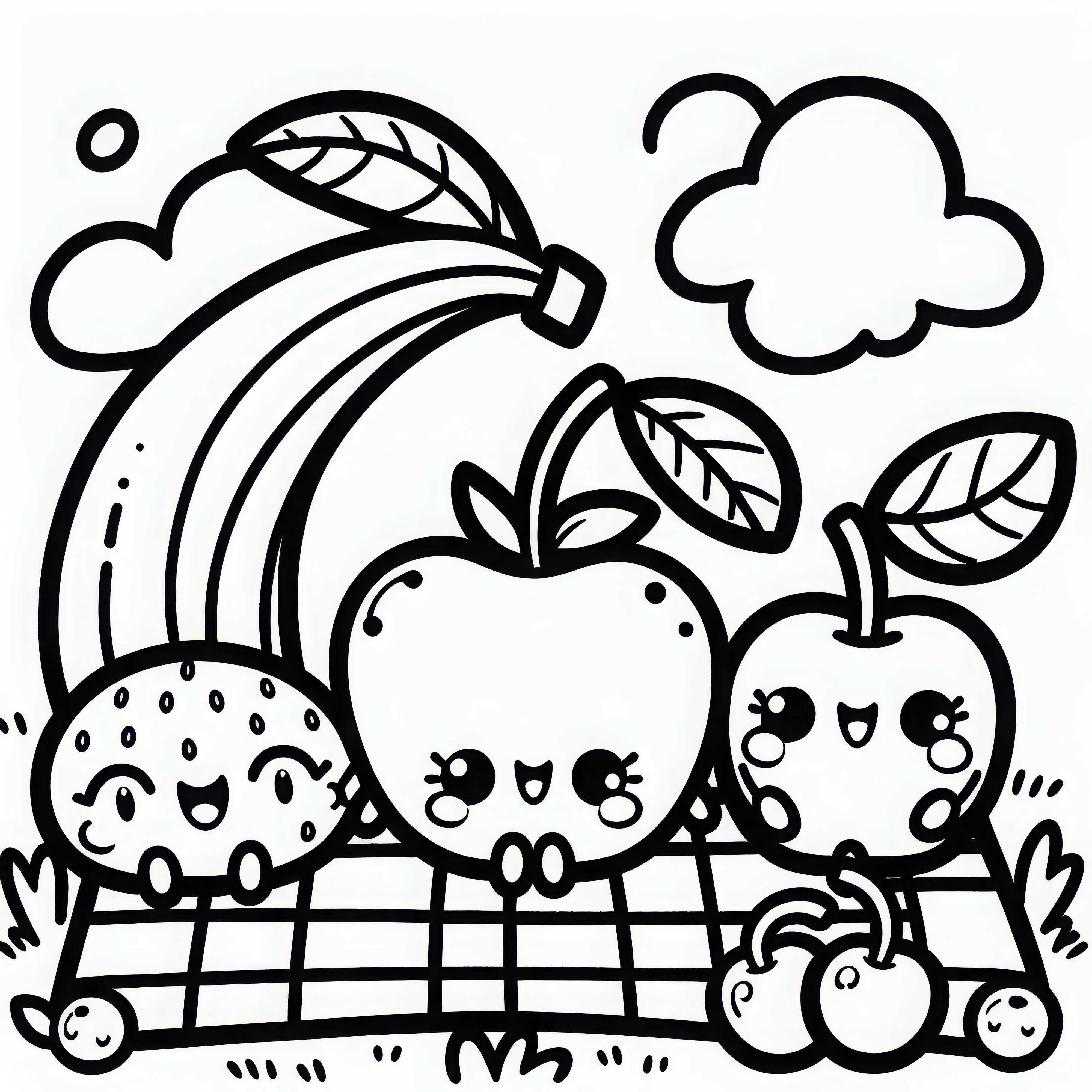 Grup teman buah sedang piknik dengan pisang, apel, dan ceri – Template mewarnai Kawaii gratis