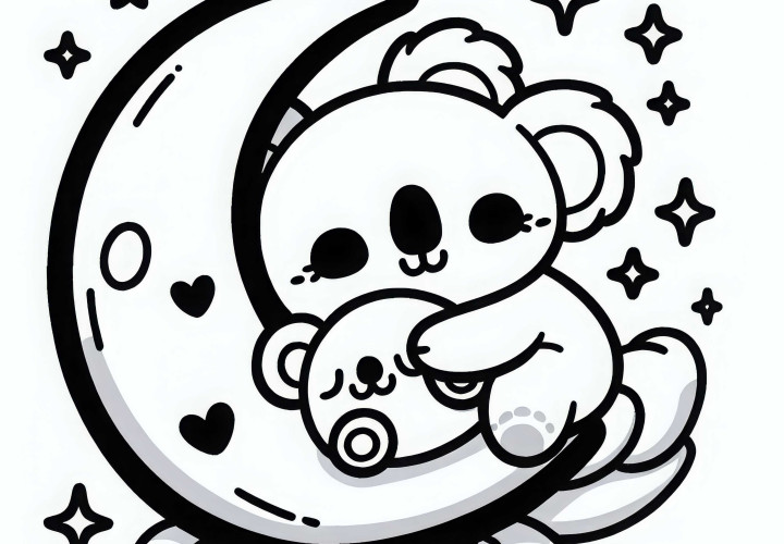 Kecil Koala Berbaring di Bantal Bulan dan Memeluk Mainan Plush – Gambar Mewarnai Kawaii Gratis