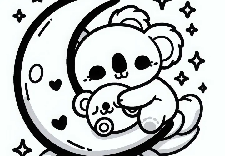 Kecil Koala Berbaring di Bantal Bulan dan Memeluk Mainan Plush – Gambar Mewarnai Kawaii Gratis