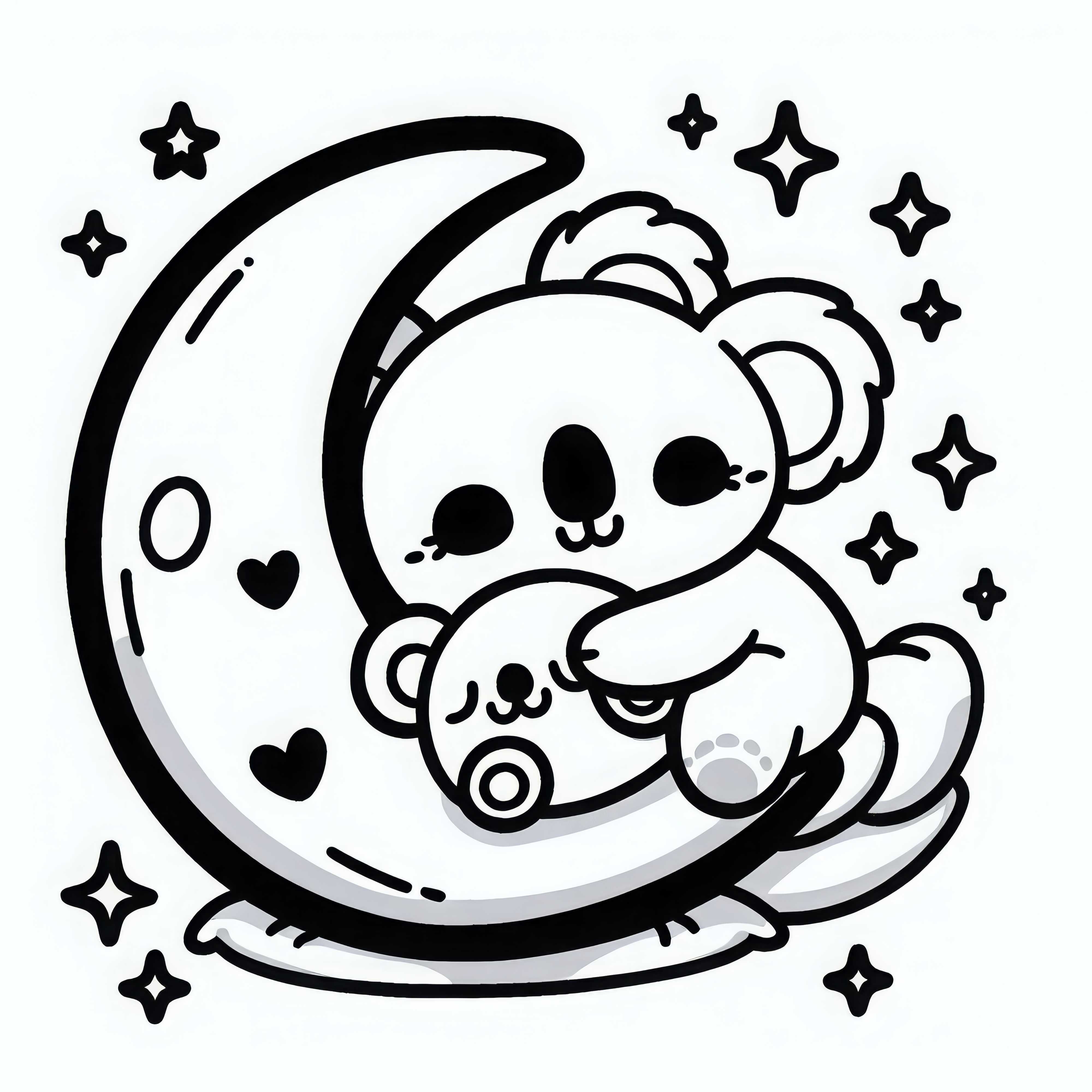 Koala Kecil Berbaring di Bantal Bulan dan Memeluk Mainan Berbulu - Gambar Mewarnai Kawaii Gratis