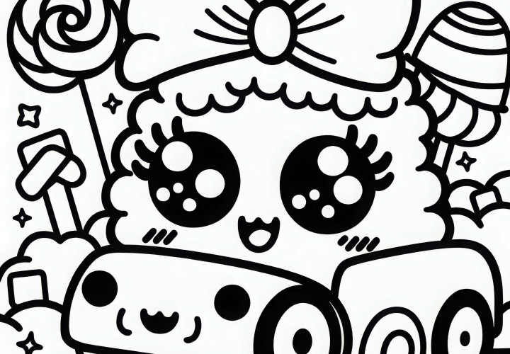 Mobil Kawaii dengan bulu mata dan pita melaju ceria melalui pemandangan permen - Kertas gambar gratis