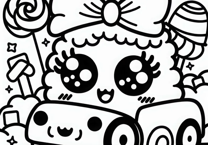 Mobil Kawaii dengan bulu mata dan pita melaju ceria melalui pemandangan permen - Kertas gambar gratis
