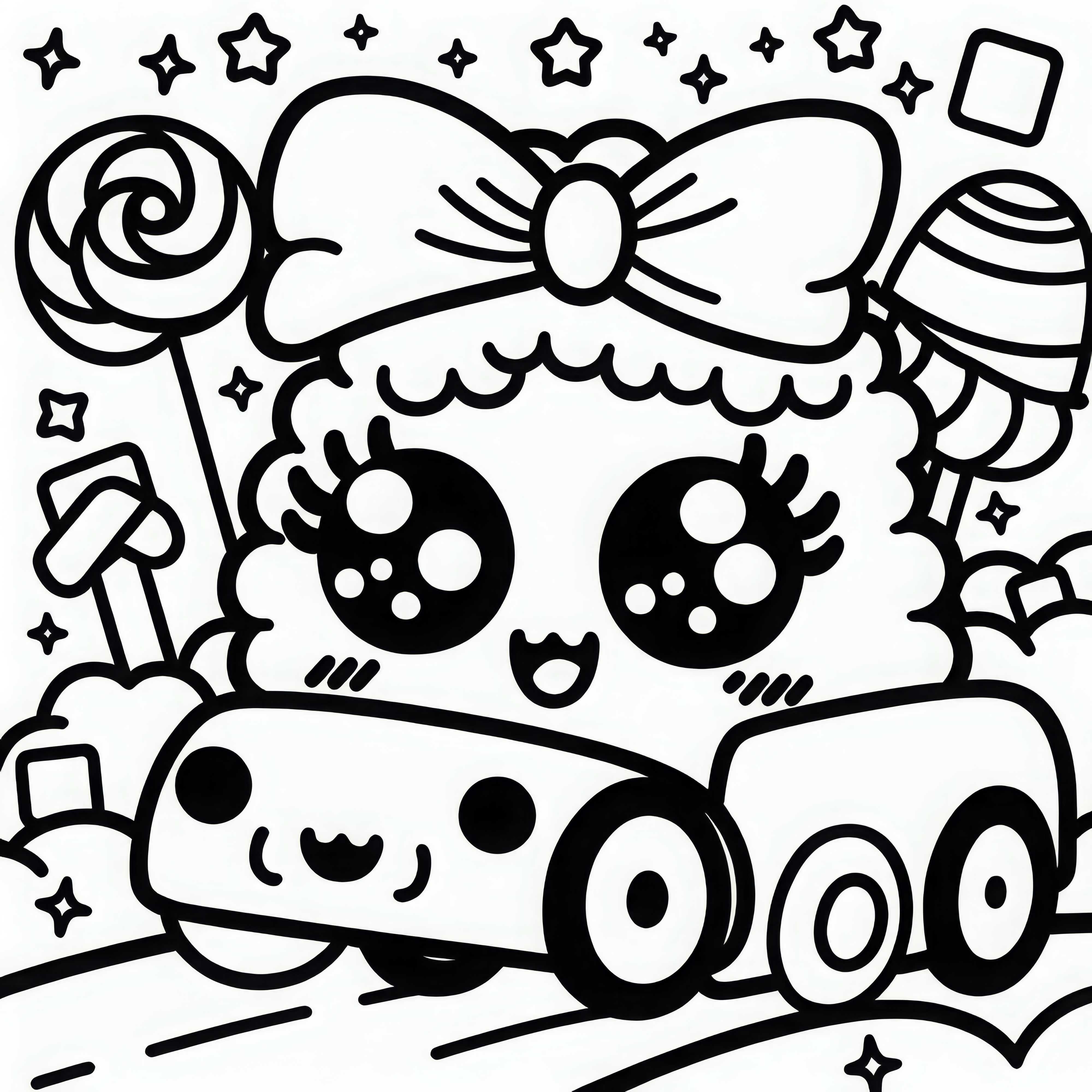 Mobil kawaii dengan bulu mata dan pita melaju ceria melalui lanskap permen - Contoh gambar gratis
