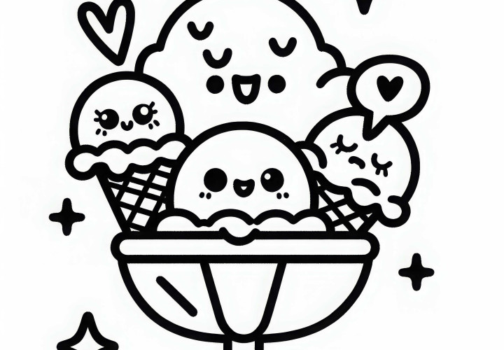 Piala es krim dengan tiga bola sebagai template mewarnai - Kawaii gratis