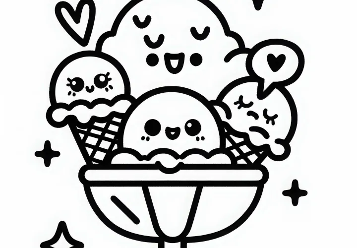 Piala es krim dengan tiga bola sebagai template mewarnai - Kawaii gratis
