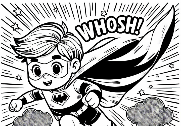 Superhero anak terbang dengan jubah berkibar di udara - Gambar untuk diwarnai