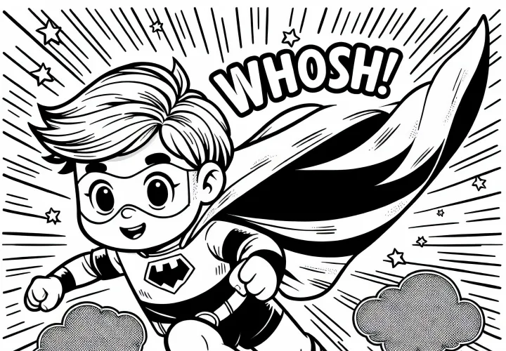 Superhero anak terbang dengan jubah berkibar di udara - Gambar untuk diwarnai