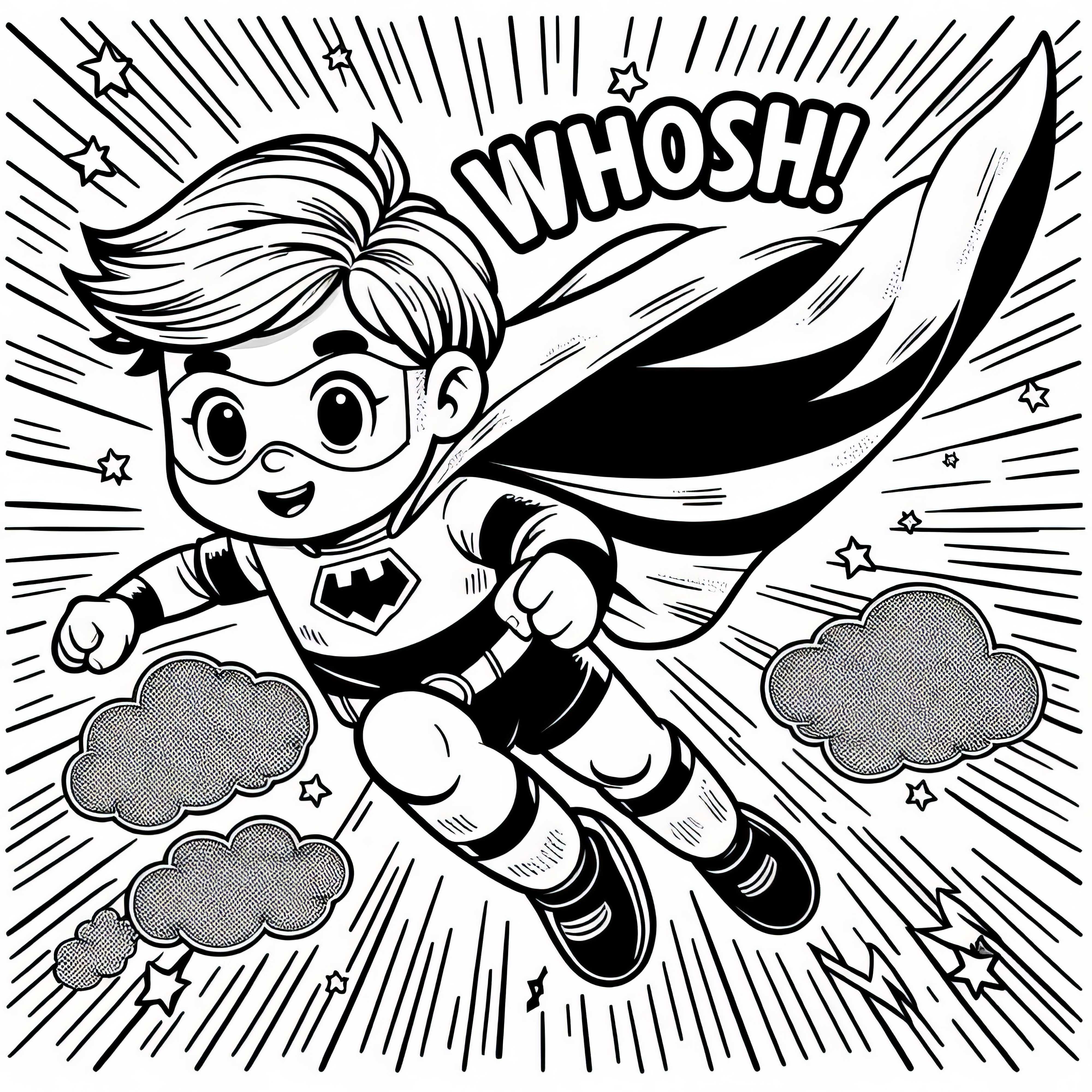 Superhero anak terbang dengan jubah berkibar di udara - Gambar untuk diwarnai
