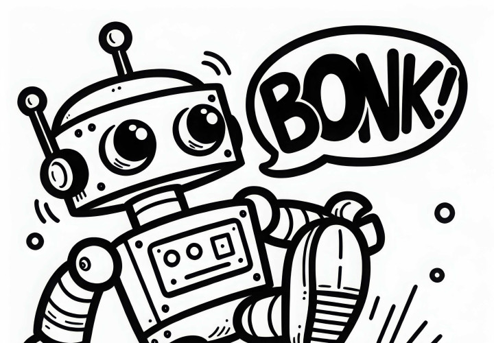 Robot lucu jatuh karena kakinya sendiri - Template mewarnai komik gratis