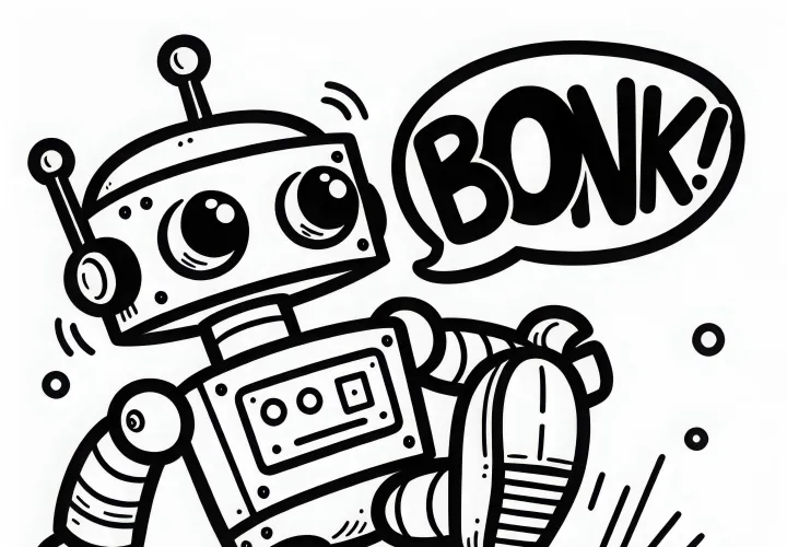 Robot lucu jatuh karena kakinya sendiri - Template mewarnai komik gratis