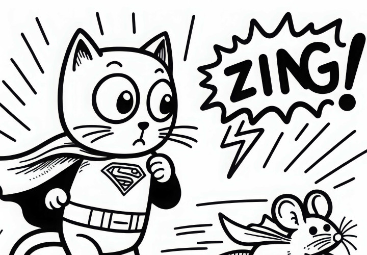 Kucing Komik Mengejar Tikus Terbang Dengan Jubah - Template Mewarnai Gratis