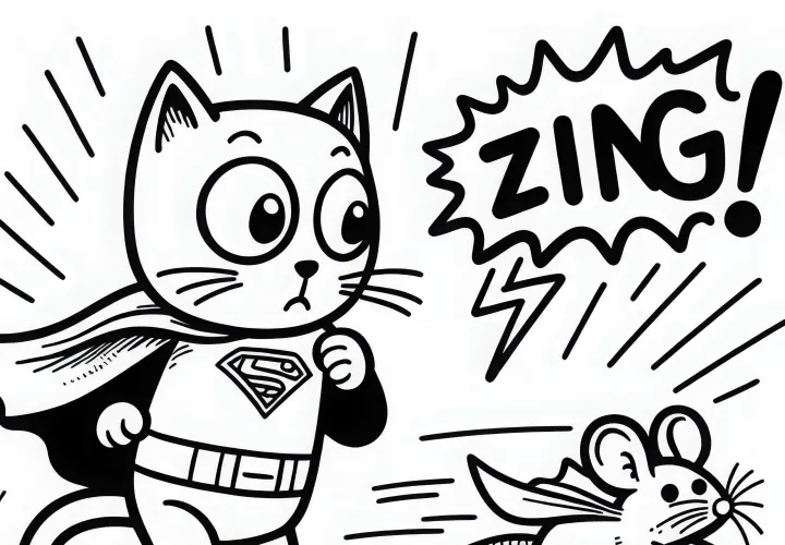 Kucing Komik Mengejar Tikus Terbang Dengan Jubah - Template Mewarnai Gratis