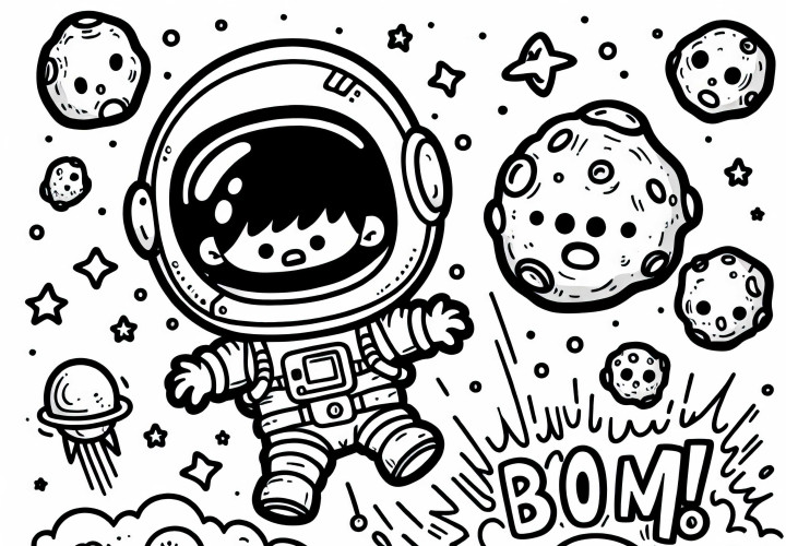 Anak dalam kostum astronot mendarat dengan ledakan di planet asing - Gambar untuk diwarnai