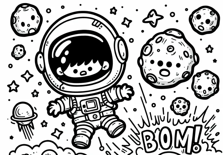 Anak dalam kostum astronot mendarat dengan ledakan di planet asing - Gambar untuk diwarnai