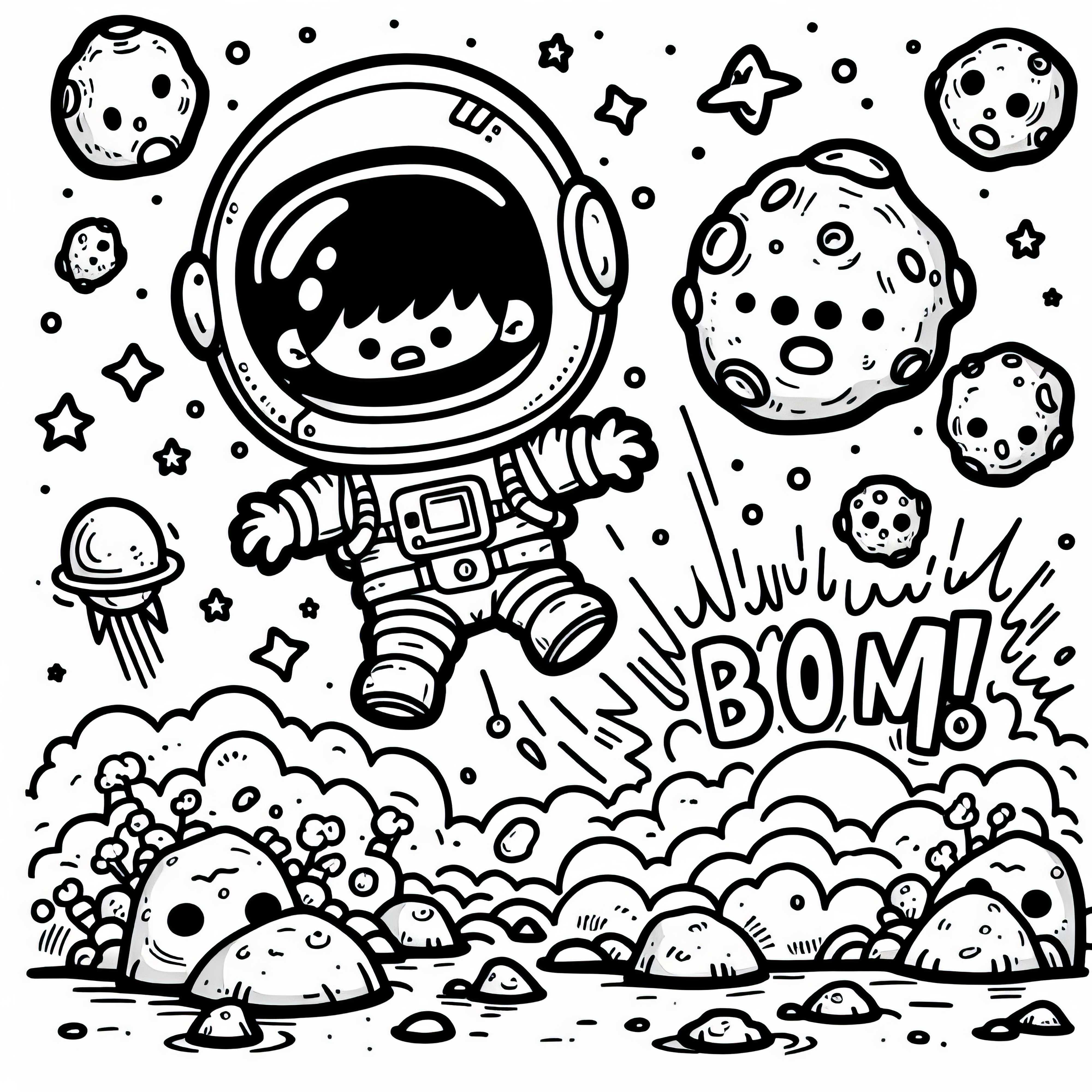Anak dalam kostum astronot mendarat dengan ledakan di planet asing - Gambar untuk diwarnai