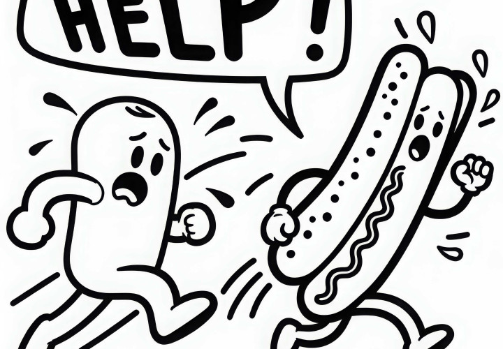 Hotdog yang berbicara melarikan diri dari karakter komik yang lapar – template mewarnai gratis