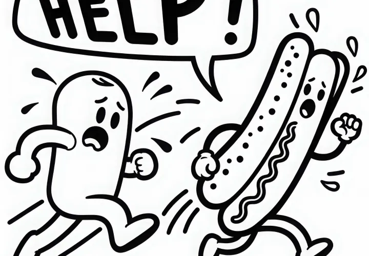 Hotdog yang berbicara melarikan diri dari karakter komik yang lapar – template mewarnai gratis