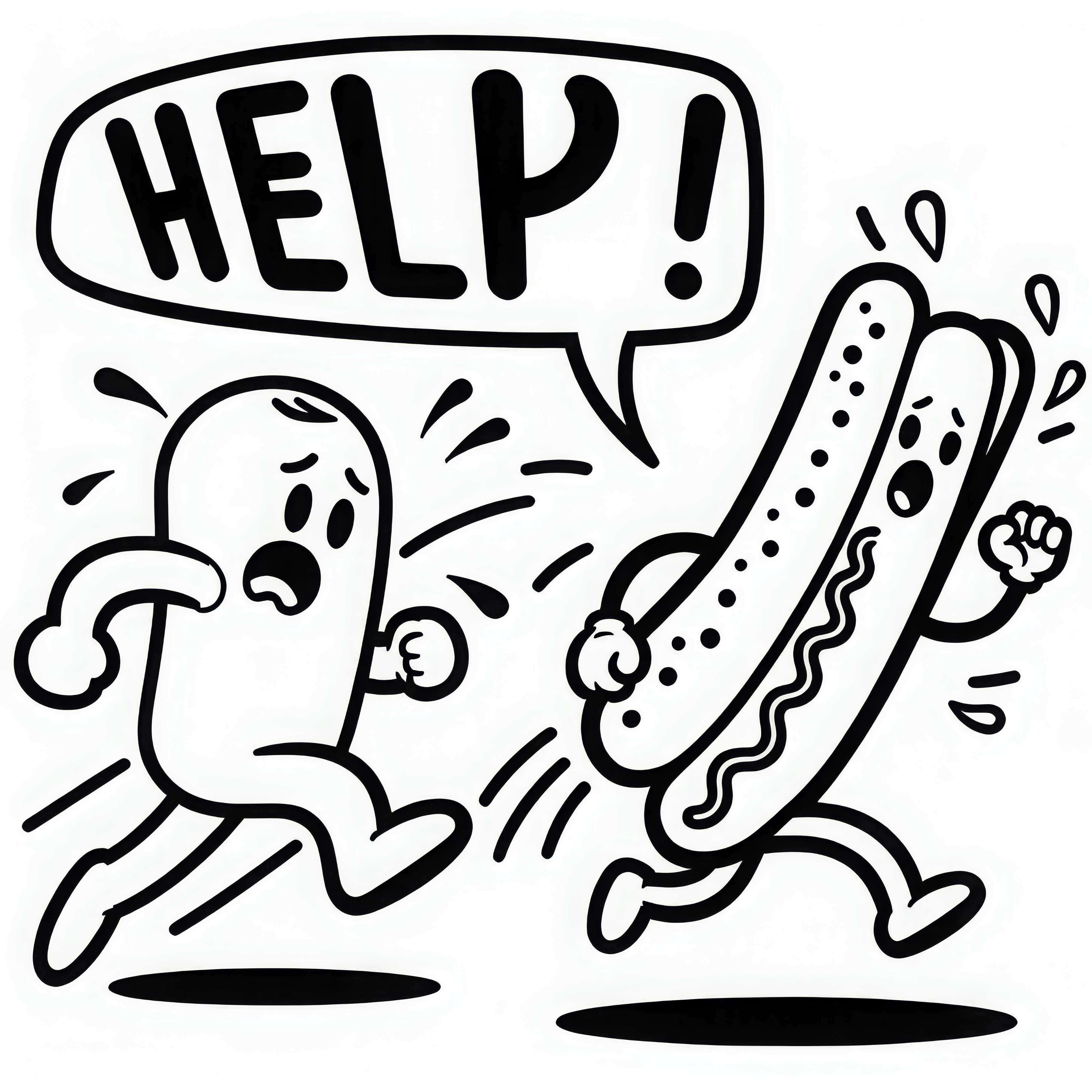 Hotdog yang berbicara lari dari karakter komik yang lapar – Template mewarnai gratis