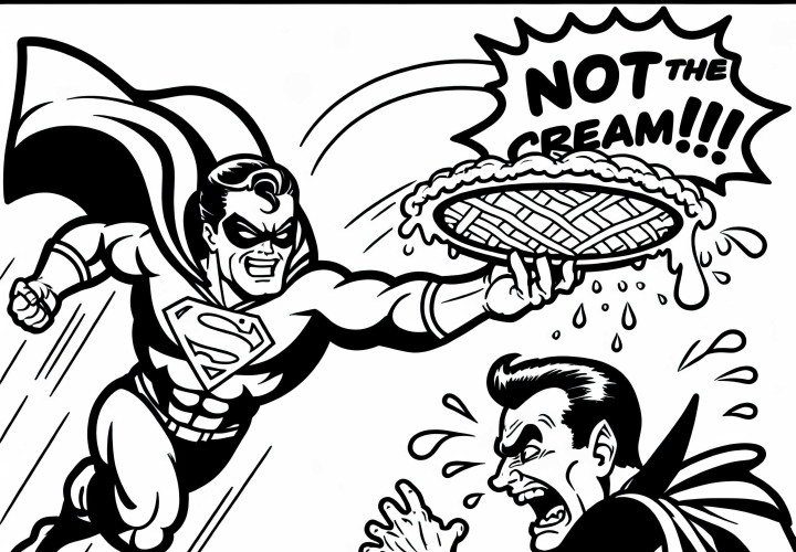 Superhero melempar kue ke penjahat - Halaman mewarnai komik gratis