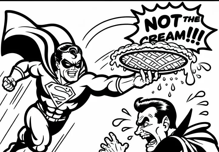 Superhero melempar kue ke penjahat - Halaman mewarnai komik gratis