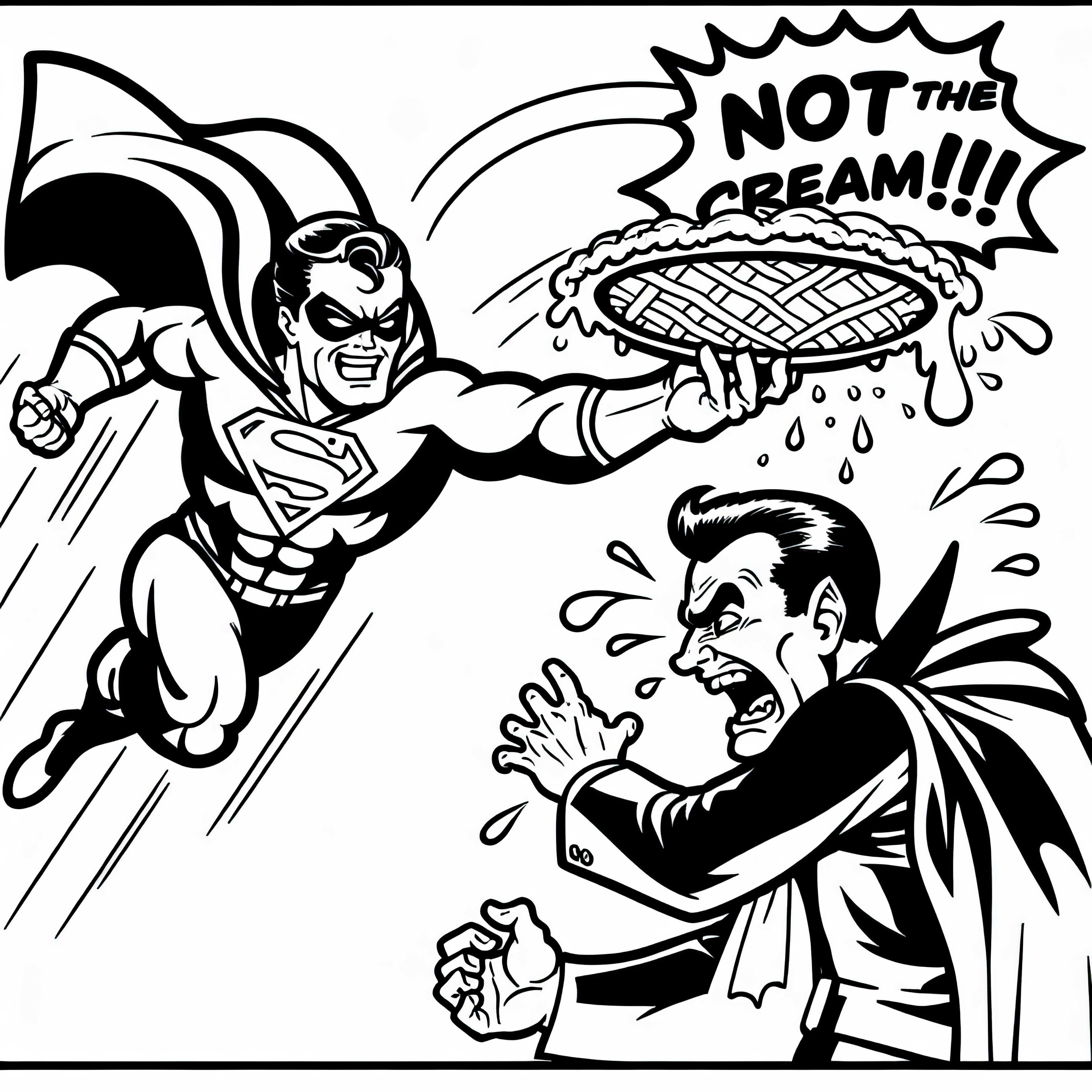 Superhero melempar kue ke penjahat – Template mewarnai komik gratis