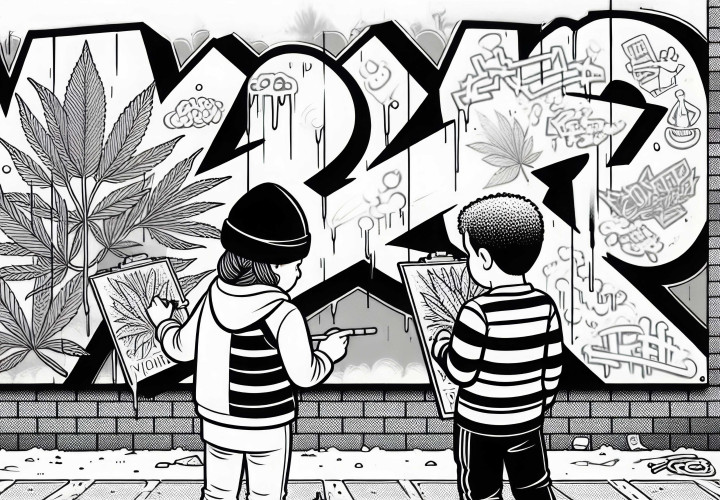 Dua anak berdiri di depan dinding grafiti dan membahas gambar mereka berikutnya: Gambar untuk diwarnai gratis