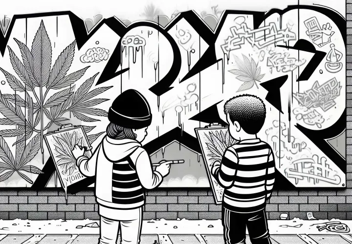 Dua anak berdiri di depan dinding grafiti dan membahas gambar mereka berikutnya: Gambar untuk diwarnai gratis