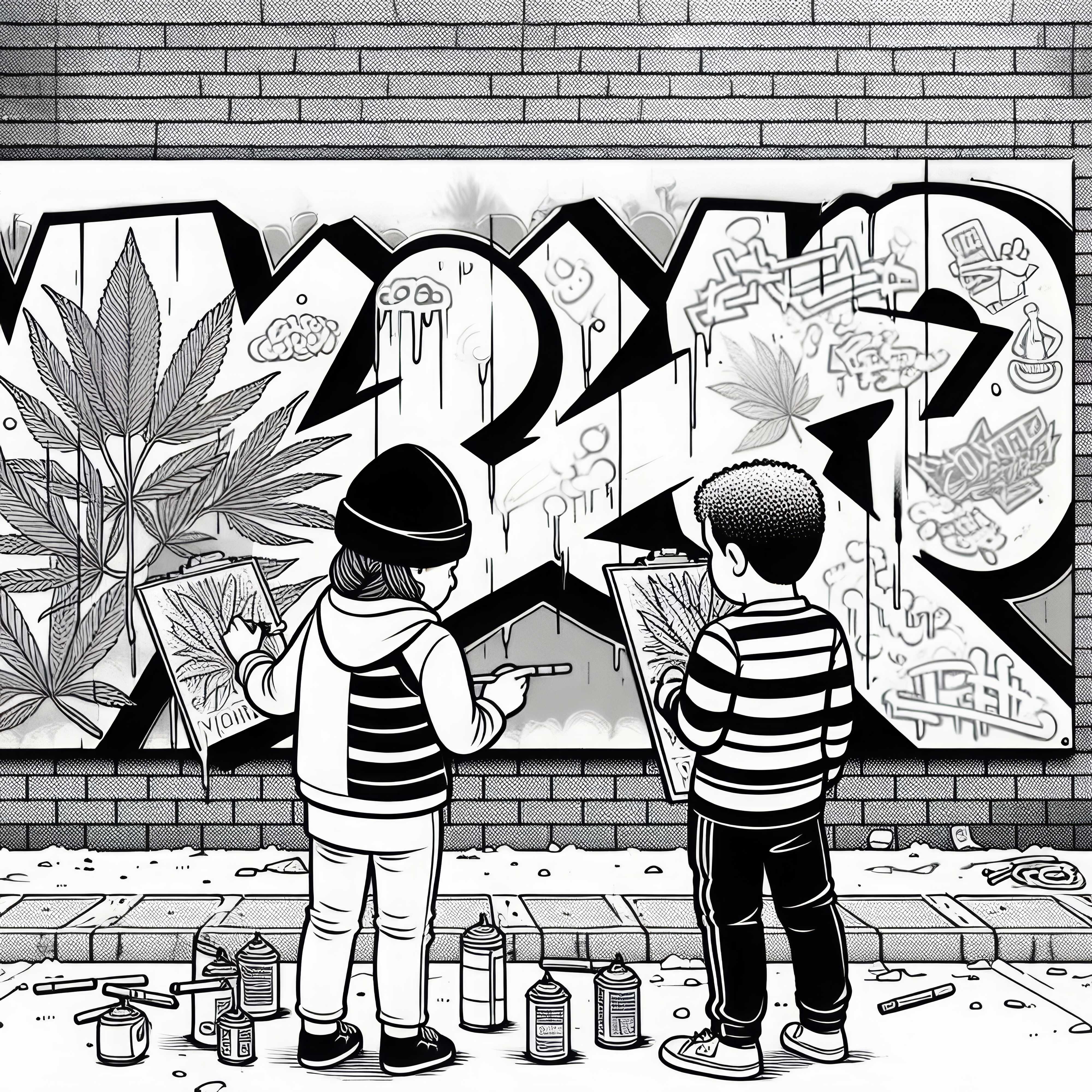 Dua anak berdiri di depan dinding grafiti dan membahas gambar berikutnya: Gambar untuk diwarnai gratis