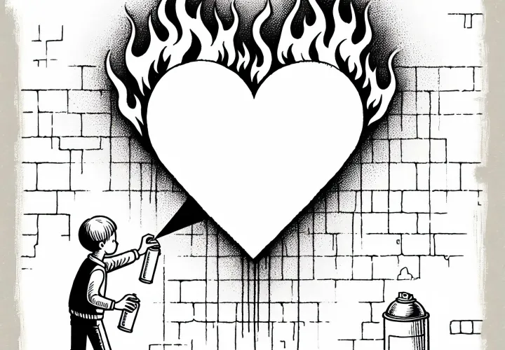 Anak laki-laki menyemprotkan hati besar dengan api di dinding - Gambar mewarnai grafiti gratis