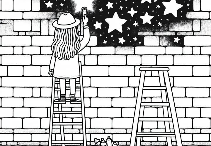 Gadis berdiri di atas tangga dan menyemprot langit berbintang di dinding bata - Gambar mewarnai grafiti gratis