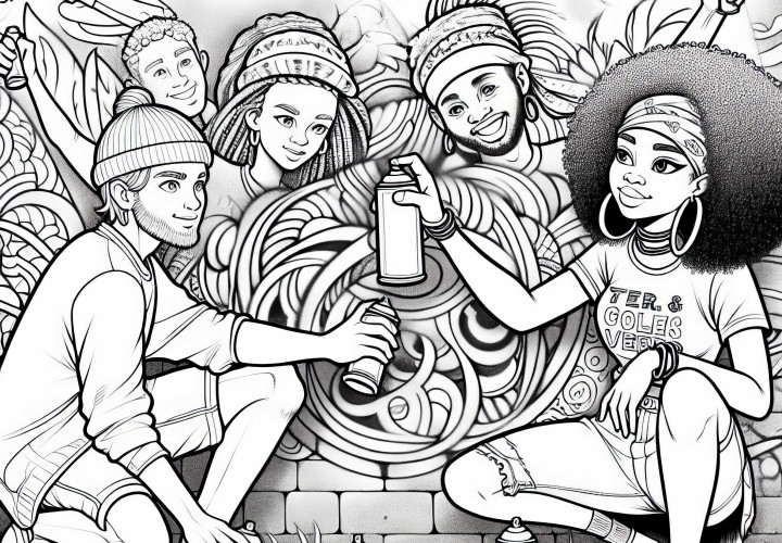 Dua teman menyemprotkan gambar di dinding - Gambar Graffiti untuk diwarnai gratis