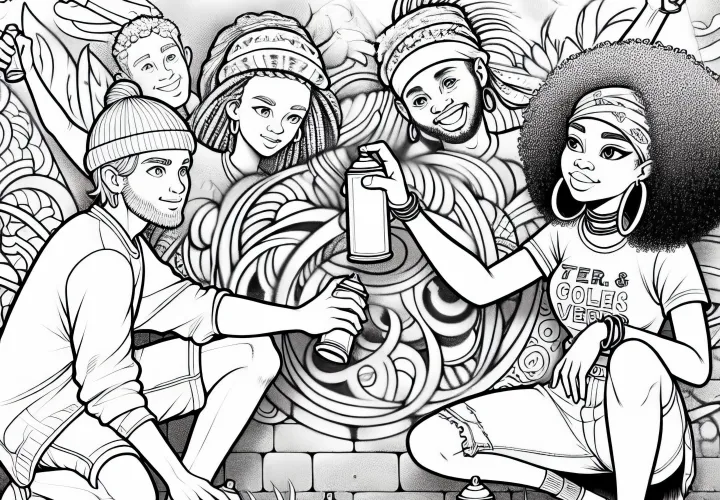 Dua teman menyemprotkan gambar di dinding - Gambar Graffiti untuk diwarnai gratis