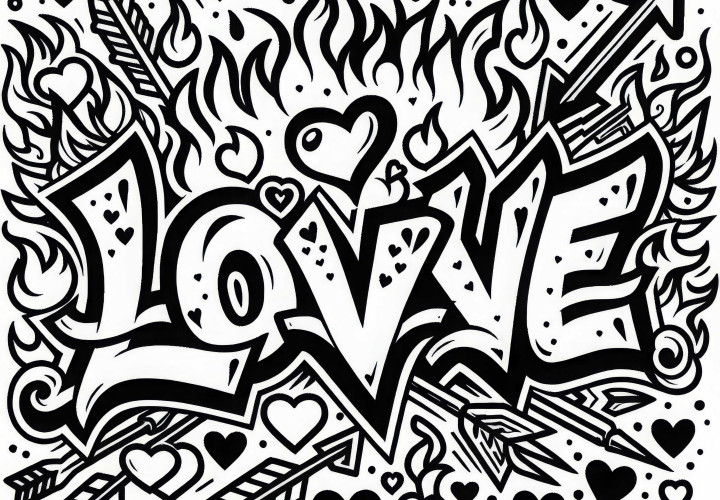 Cinta tulisan dalam gaya grafiti, template mewarnai gratis