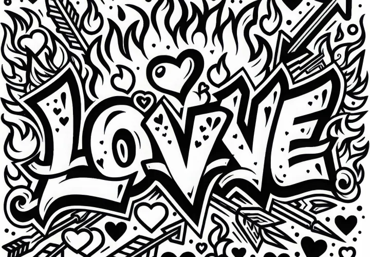 Cinta tulisan dalam gaya grafiti, template mewarnai gratis