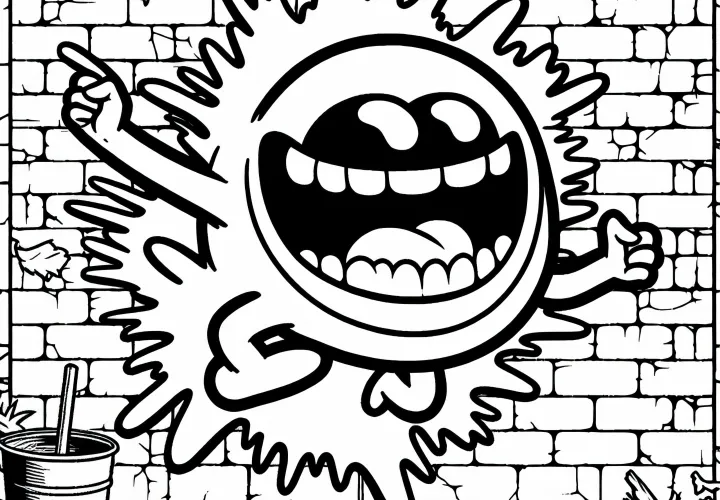 Grafiti Komik dengan monster yang tertawa melompat dari tembok - Template mewarnai gratis