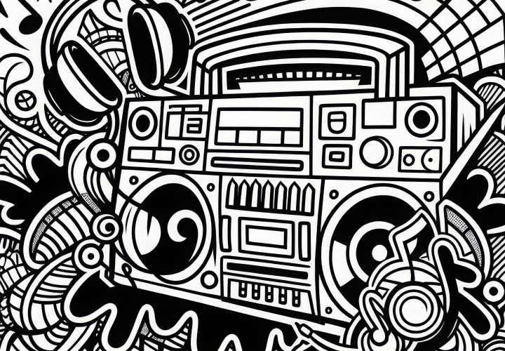 Mix grafiti dengan boombox, headphone, dan not musik – Template mewarnai gratis