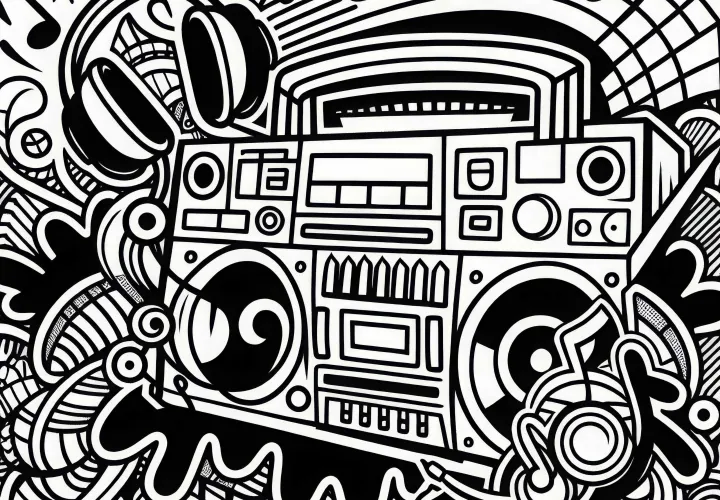 Mix grafiti dengan boombox, headphone, dan not musik – Template mewarnai gratis