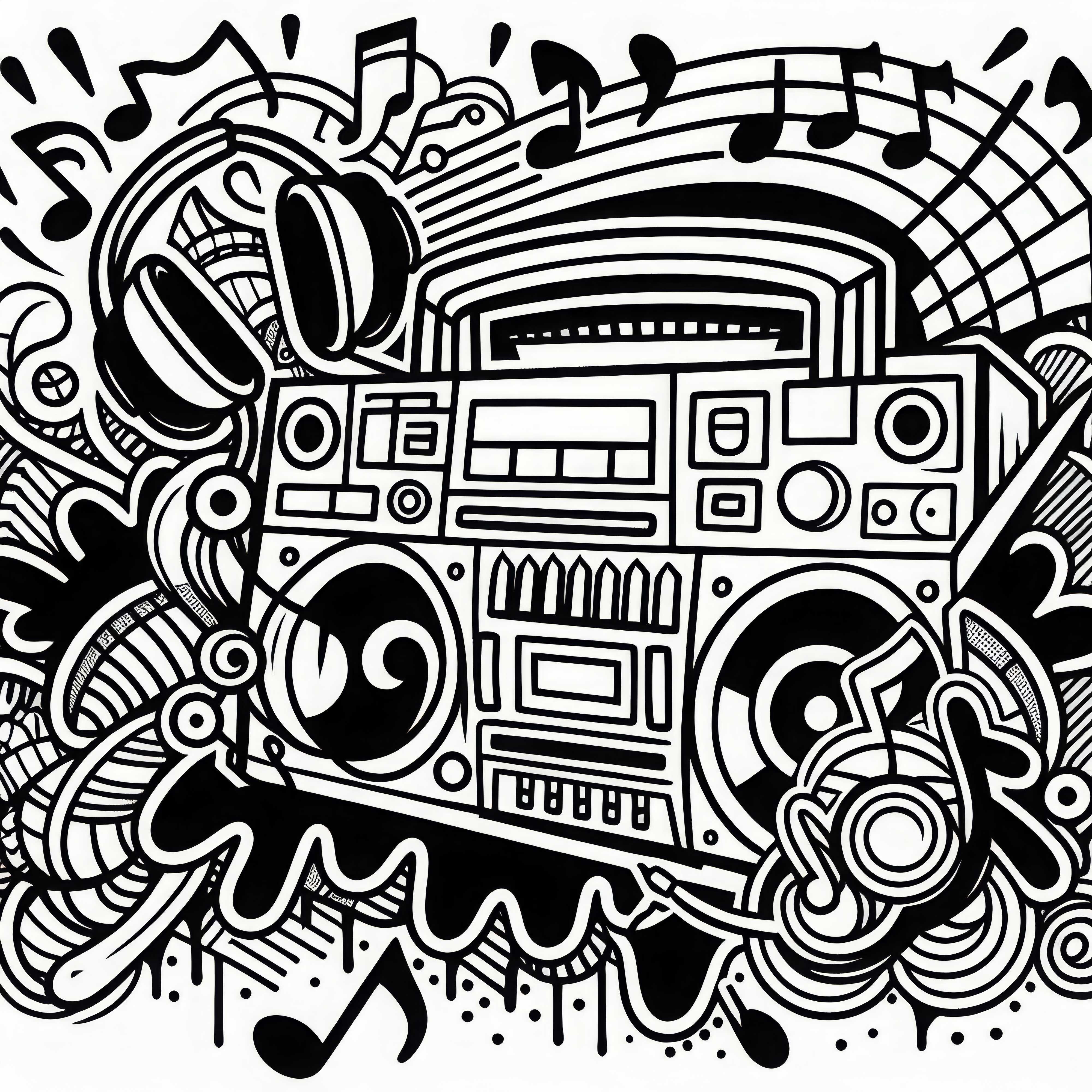 Mix grafiti dengan boombox, headphone, dan notasi – template mewarnai gratis