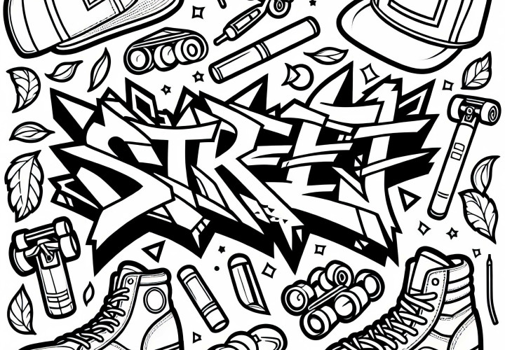 Grafiti dengan kata Street dikelilingi oleh sepatu roda – Gambar untuk diwarnai gratis
