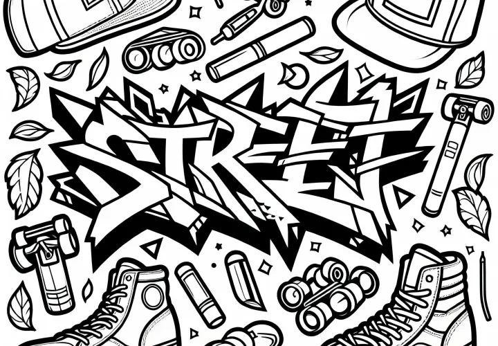 Grafiti dengan kata Street dikelilingi oleh sepatu roda – Gambar untuk diwarnai gratis