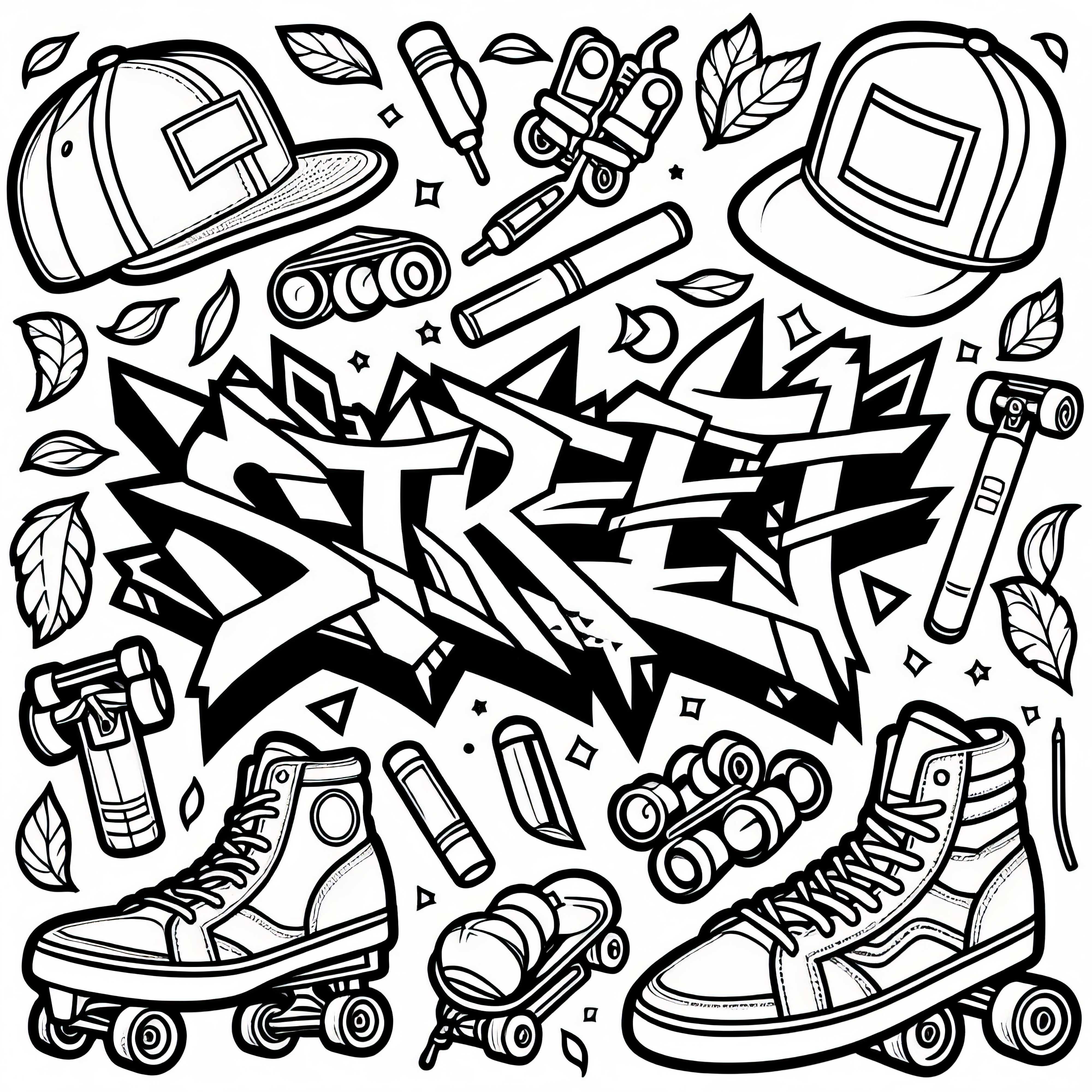 Grafiti dengan kata Street dikelilingi oleh sepatu roda - Gambar mewarnai gratis