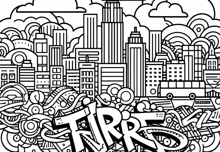 Motif Seni Urban dengan Pemandangan Kota di Latar Belakang - Gambar Mewarnai Graffiti Gratis