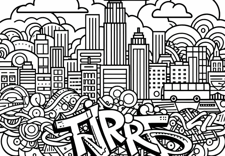 Motif Seni Urban dengan Pemandangan Kota di Latar Belakang - Gambar Mewarnai Graffiti Gratis