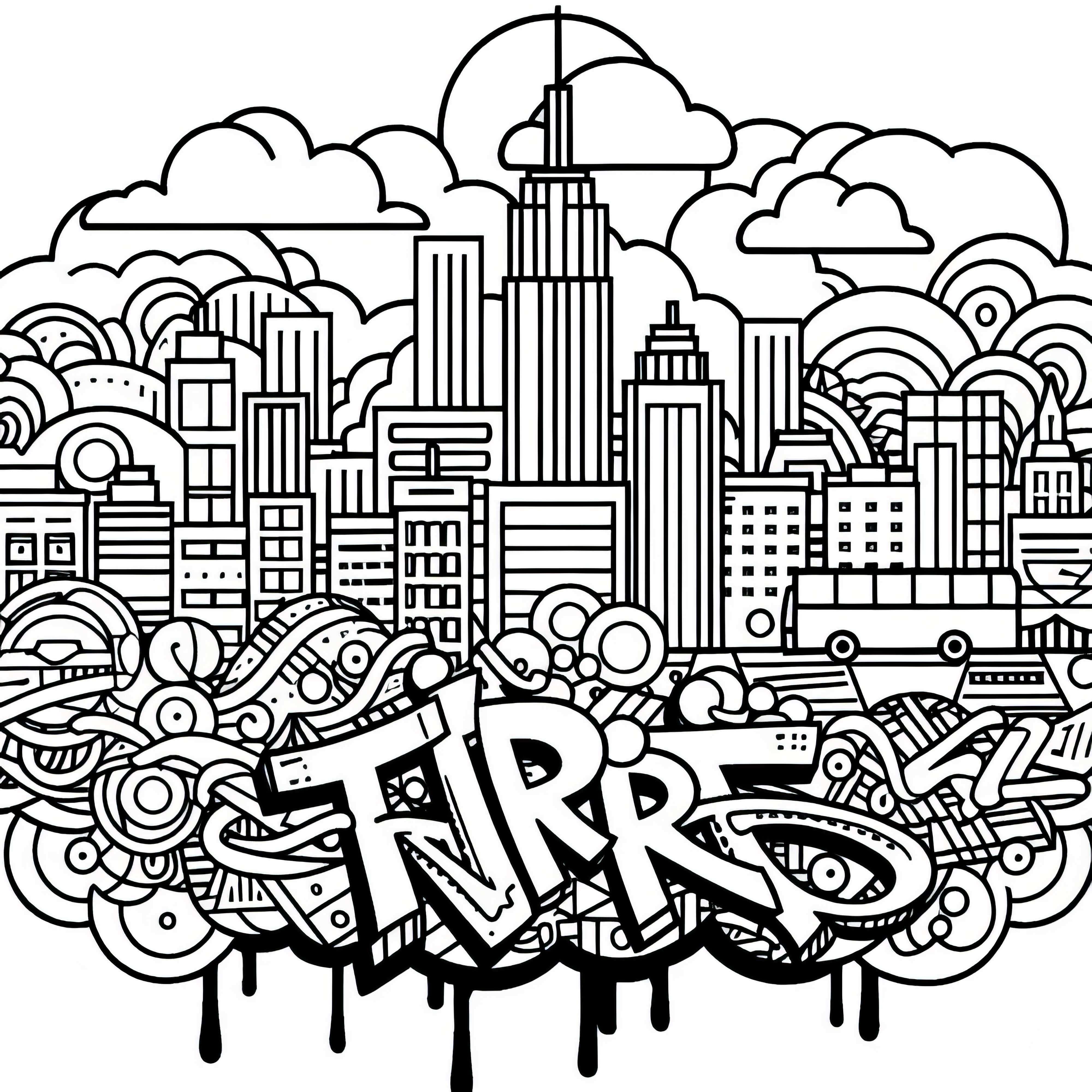Motif Seni Perkotaan dengan Pemandangan Kota di Latar Belakang - Gambar Mewarnai Graffiti Gratis