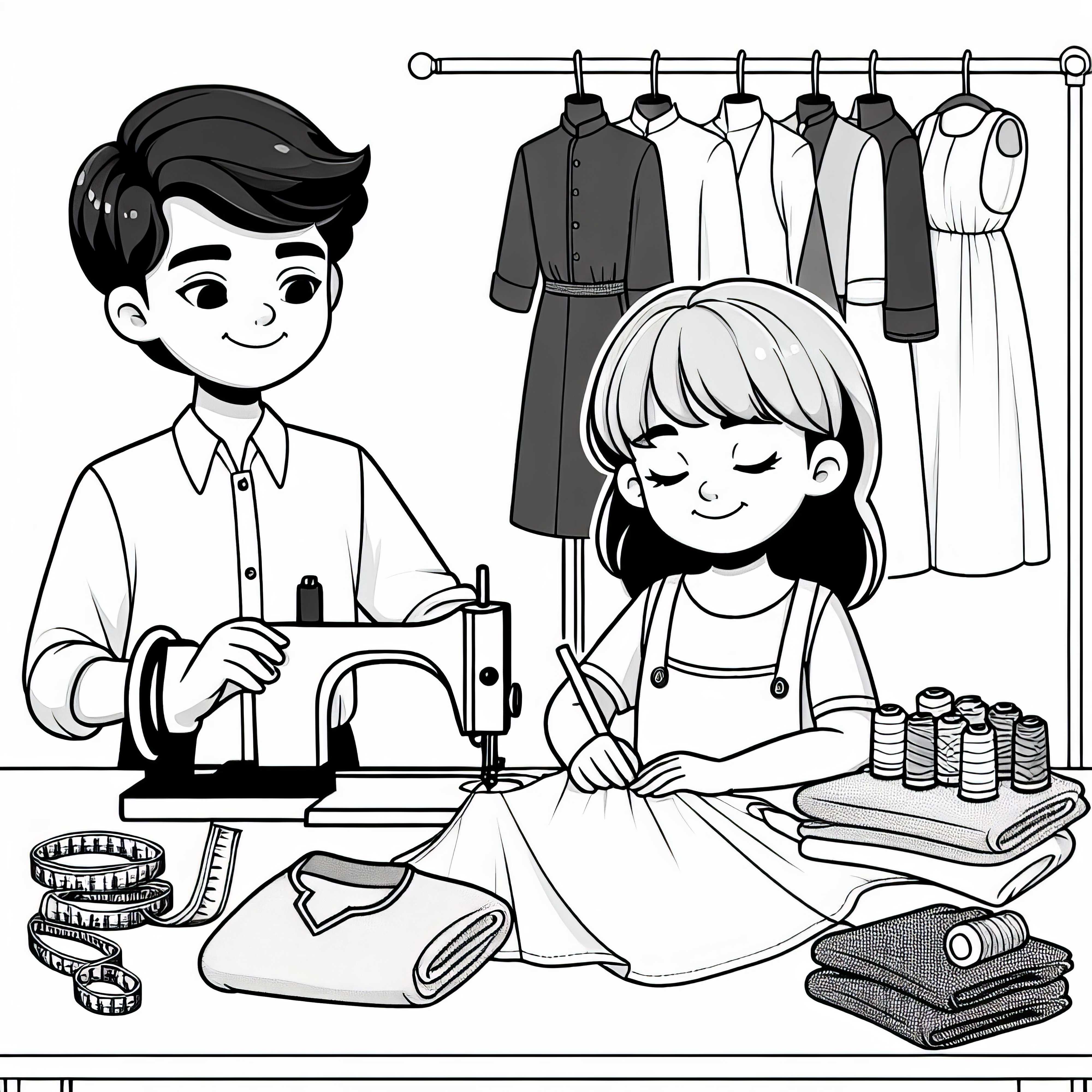 Barn som syr &ndash; Fargeleggingsmal for kl&aelig;r gratis