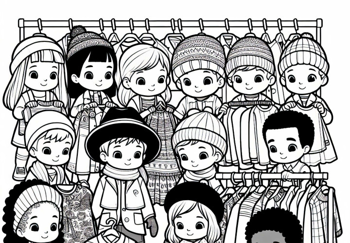 Barn i klesbutikken – Fargeleggingsmal klær Gratis