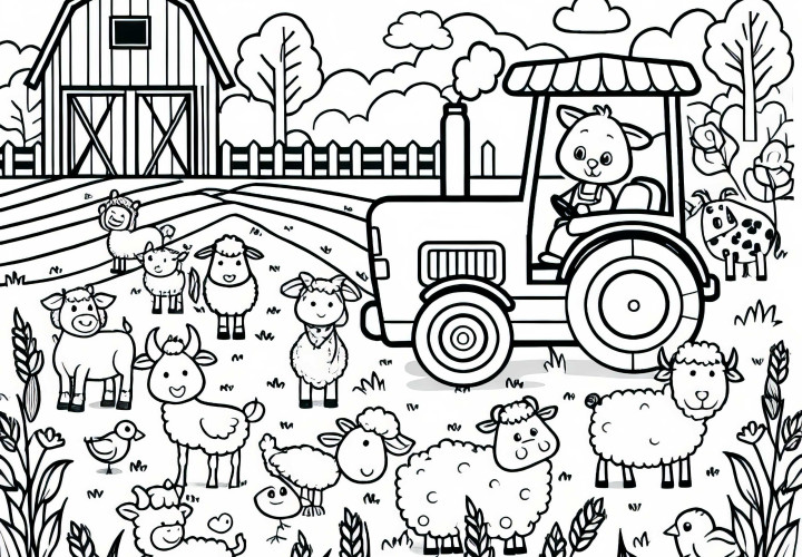 Tracteur traverse le champ avec des animaux - Dessin à colorier gratuit pour les garçons à partir de trois ans