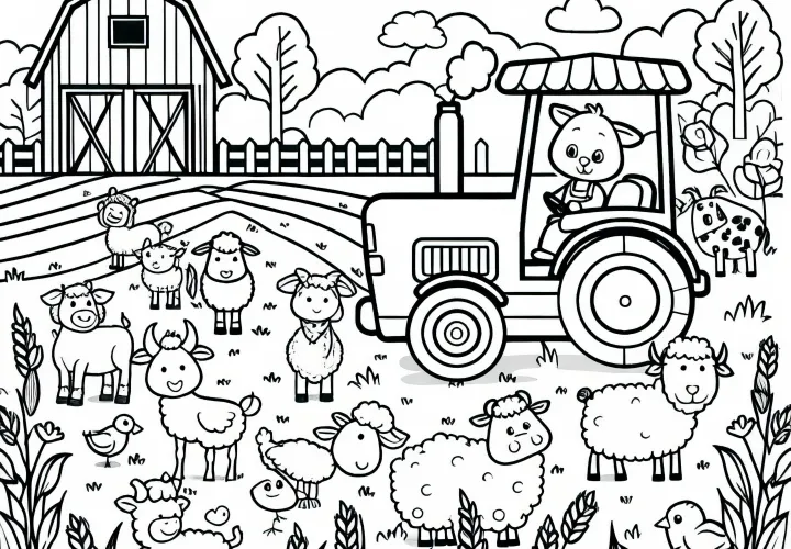 Tracteur traverse le champ avec des animaux - Dessin à colorier gratuit pour les garçons à partir de trois ans